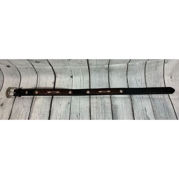 CAVENDER'S black brown embroidered southwestern aztec leather belt size 30 NWOT - Picture 1 of 11